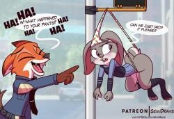 1boy annoyed atomic_wedgie blush disney embarrassed furry hanging_wedgie judy_hopps looking_back nick_wilde panties semidraws socks suspension wedgie zootopia