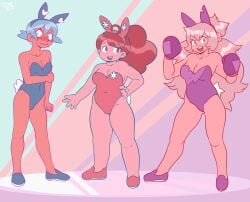 3girls ass bee_(bee_and_puppycat) bee_and_puppycat big_breasts blue_hair blush body_positivity boxing_gloves breasts bunny_ears bunny_girl bunnysuit cass_wizard_(bee_and_puppycat) cleavage clothing dezz female female_focus female_only gloves hi_res medium_breasts nervous short_hair small_breasts standing thick_thighs thighs toast_(bee_and_puppycat) tomboy trio turquoise_hair violet_boxing_gloves violet_gloves