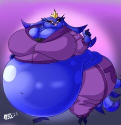 ass avian bbw big_ass big_breasts big_butt bird blue_body blue_hair blueberry blueberry_girl blueberry_inflation breasts butt chest_tuft chubby chubby_anthro chubby_cheeks chubby_female clothed clothed_female clothes clothing crown fat feathers helluva_boss hyper_belly looking_at_viewer mad_n_evil makeup owl owl_demon stella_(helluva_boss) talons track track_jacket track_suit vivienne_medrano wide_ass wide_hips wide_thighs