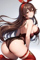 1girls ai_generated alternate_breast_size amber_(genshin_impact) ass back_view breasts brown_eyes brown_hair female genshin_impact kneeling large_ass large_breasts long_hair mimi_ai naughty_face simple_background smile stable_diffusion thighs