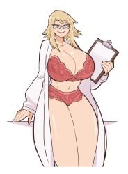 1girls 2023 belly_button big_breasts blonde_hair blue_eyes bra breasts busty cleavage clipboard clothed clothed_female clothes clothing curvaceous curvy doctor eyewear female front_view glasses grin hair hi_res holding_clipboard holding_object huge_breasts human labcoat large_breasts leaning_on_table legs_together light-skinned_female light_skin lingerie medium_hair navel open_clothes open_labcoat original original_character panties red_bra red_lingerie red_panties saucymojo simple_background smile smiling smiling_at_viewer solo standing stomach teeth thick_thighs thighs three-quarter_portrait underwear voluptuous white_background wide_hips