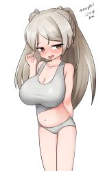 absurdres arm_behind_back breasts brown_eyes casual_one-piece_swimsuit cleavage collarbone conte_di_cavour_(kantai_collection) dated feet_out_of_frame female grey_hair grey_one-piece_swimsuit highres kantai_collection large_breasts long_hair maru_(marg0613) navel one-hour_drawing_challenge one-piece_swimsuit simple_background solo swimsuit tongue tongue_out twitter_username two_side_up white_background