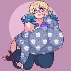 1girls big_breasts blonde_female blonde_hair blue_eyes blue_hair blue_nails breasts breasts_bigger_than_head cottonwings female female_only glasses huge_breasts litwick massive_breasts purple_eyeshadow simple_background solo solo_female sweater