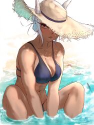 1girls abs animal_ears bare_shoulders beach between_legs bikini black_bikini breasts cleavage collarbone dark-skinned_female dark_skin ears_through_headwear hand_between_legs hat highres large_breasts long_eyelashes looking_at_viewer miruko my_hero_academia navel outdoors rabbit_ears rabbit_girl red_eyes rumi_usagiyama sitting sitting_on_water solo sora_raion straw_hat swimsuit toned tongue tongue_out twitter_username usagiyama_rumi water white_hair