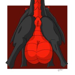 1:1 anus balls big_balls black_body black_wings dragon feral genitals hi_res huge_balls magnificent-arsehole male non-mammal_balls red_anus red_balls scalie solo tail wings