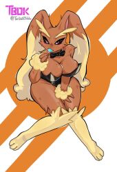 1girls anthro big_breasts black_sclera blush bowtie breasts brown_body brown_fur bunny_ears bunny_girl cheek_tuft cleavage clothing female female_only fur furry furry_only generation_4_pokemon lollipop looking_at_viewer lopunny nintendo paws pink_eyes pokémon_(species) pokemon pokemon_(species) pokemon_dppt signature simple_background solo turbidkiddo twitter_username yellow_fur