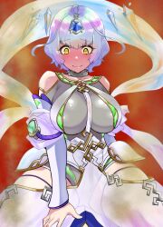 1girls bare_shoulders bare_thighs blue_hair blush bodystocking breasts collar collarbone embarrassed female female_focus fire_emblem fire_emblem_heroes frown girl_on_top heavy_blush large_breasts looking_down multicolored_hair nintendo pov seidr_(fire_emblem) short_hair shoulders shy shy_smile sitting_on_person smile solo_focus tetsuji_(i_ttj_f_c) thick_thighs thighs yellow_eyes