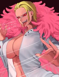 akuma_no_mi big_breasts big_forehead blonde_hair canon_genderswap cape cleavage donquixote_doflamingo earrings feather_coat female female_only genderswap_(mtf) gu_goma_gu hair_slicked_back inner_sideboob ito_ito_no_mi jacket_on_shoulders long_fingernails no_bra no_eyebrows one_piece open_mouth open_shirt red-tinted_eyewear rule_63 short_hair smile solo sunglasses tinted_eyewear tongue_out upper_body