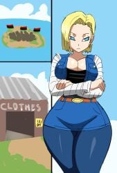 1girls android_18 big_breasts blonde_female blonde_hair blonde_hair dragon_ball dragon_ball_super dragon_ball_z female female_focus female_only gtsn17 large_breasts solo solo_female solo_focus thick_thighs