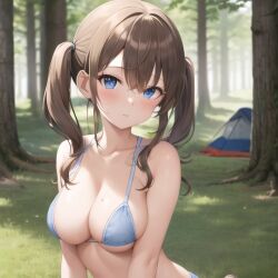 1girls ai_generated blue_eyes bra brown_hair camping choclobollo original original_character twintails