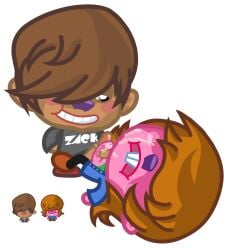 absurd_res anthro bangs beaver bodily_fluids bottomwear brown_body brown_hair buckteeth chibi clothed clothing cubtoothdecay cum cum_on_face duo dustbin_beaver footwear frottage frown genital_fluids genitals hair hair_over_eyes handjob hi_res male male/male mammal moshi_monsters moshling on_model open_mouth pants penile penis pink_body purple_nose rodent sex shirt shoes teeth text text_on_clothing text_on_shirt text_on_topwear toony toothy_grin topwear vein veiny_penis zack_binspin