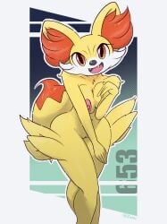 2023 4:3 anthro anthrofied breasts covering covering_breasts fangs female fennekin fur generation_6_pokemon hi_res leaning leaning_forward looking_at_viewer nintendo number open_mouth outline pokemon pokemon_(species) presenting red_eyes simple_background smile solo tail teeth white_background yellow_body yellow_fur znhc