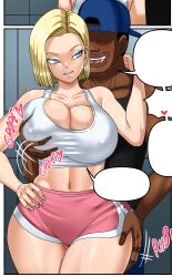 1boy 1girls android_18 blonde_hair blue_eyes comic cuckold dark-skinned_male dragon_ball female groping huge_breasts interracial male ntr pink_shorts pinkpawg preview short_hair shorts sportswear