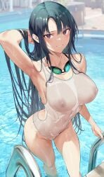 1girls armpits arms_behind_back arms_up bangs big_breasts blue_hair breasts collarbone commentary_request female goggles goggles_around_neck hi_res hiiragi_yuuichi large_breasts legs long_hair midriff navel nipples original original_character pool poolside public red_eyes see-through see-through_clothing see-through_swimsuit solo solo_female swimsuit swimwear tagme teeth water wet wet_body wet_skin