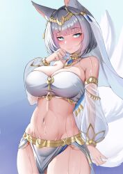 1girls animal_ears azur_lane belly_dancer belly_dancer_outfit blue_eyes cleavage female female_only fox_ears fox_girl fox_tail harem_girl harem_outfit huge_breasts jewelry kaga_(azur_lane) kaga_(snowsilk_fox_dance)_(azur_lane) lahz52 light-skinned_female light_skin loincloth looking_at_viewer sakura_empire_(azur_lane) silver_hair slave slave_collar slave_outfit slavegirl solo sweat