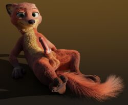 3d_(artwork) animal_genitalia animal_penis anthro balls belly black_nose blender_(software) canid canine canine_genitalia canine_penis claws digital_media_(artwork) disney erection fluffy fluffy_tail fox front_view fur genitals gloves_(marking) gradient_background green_eyes half-closed_eyes long_body looking_at_viewer lying male male_only mammal markings narrowed_eyes nick_wilde nude on_back orange_body orange_fur pawpads penis pink_penis rockyrcoon short_legs simple_background smile solo tail yellow_belly zootopia