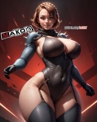 1girls ai_generated big_breasts brown_eyes brown_hair gloves huge_breasts kw0337 makoto_niijima nipples_visible_through_clothing persona persona_5 short_hair spikes tagme thick_thighs thighhighs wide_hips