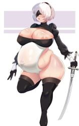 1girls areolae blindfold breasts female female_only huge_belly huge_breasts nier nier:_automata palitexx pregnant ready_to_pop solo thick_thighs wide_hips yorha_2b