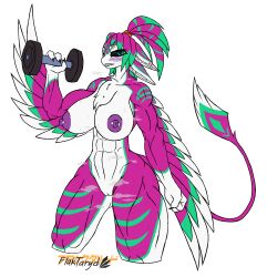 2022 3_fingers 4_ears abs absurd_res anthro athletic athletic_female avali avian biceps big_breasts black_claws black_sclera blue_eyes blush bodily_fluids breasts claws clenched_teeth dumbbell ear_piercing exercise exercise_equipment eye_scar facial_scar feather_hair feathers female fingers flaktaryd genitals green_body green_feathers hair hi_res huge_breasts japanese_text looking_at_viewer multi_ear muscular muscular_female nezami_iceblood nipple_piercing nipples non-mammal_breasts nude one_eye_closed piercing pink_body pink_feathers plumage ponytail pseudo_hair purple_blush purple_nipples pussy scar sharp_teeth solo sweat sweaty_abs sweaty_breasts sweaty_face sweaty_legs tall teal_eyes teeth text weightlifting weights white_body white_feathers winged_arms wings workout