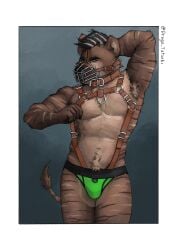 absurd_res armpit_hair body_hair clothing collar cuff_(restraint) drago_tatsuki equid equine hi_res hybrid hyena jockstrap leather_strap looking_at_viewer male mammal markings muzzle_(object) muzzled restraints rogue_fang shuck solo striped_markings stripes underwear zebra