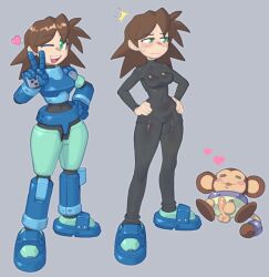 1girls armor bodysuit breasts brown_hair capcom darkbot data_(mega_man) female genderswap_(mtf) mega_man mega_man_legends mega_man_volnutt penis reaverbot rule_63 torn_clothes