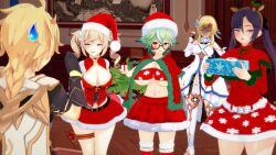 1boy 3d 4girls aether_(genshin_impact) angry angry_face barbara_(genshin_impact) big_breasts big_thighs black_hair blonde_hair blush breasts busty christmas christmas_clothing christmas_outfit cleavage clothed clothed_female clothed_male clothing female genshin_impact green_hair huge_breasts huge_thighs large_breasts large_thighs lumine_(genshin_impact) male mona_(genshin_impact) navel rhcpftw siblings sucrose_(genshin_impact) thick_thighs thighs voluptuous