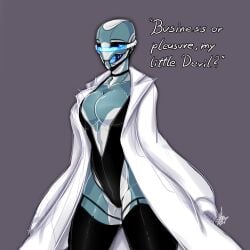 2d blue_eyes breasts bungie choker cleavage coat curvy curvy_female curvy_figure destiny_(game) exo female female_focus female_only labcoat large_breasts monty_nsfw monty_smug open_clothes original_character robot robot_girl robot_humanoid text thick_thighs thighhighs video_games