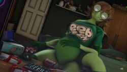 3d_(artwork) 4k absurd_res anthro bedroom belly bloated digital_media_(artwork) dongly12 donglysfm eyewear eyewear_only female gaming glasses green_body hi_res junk_food lidded_eyes lily_springtail_(donglysfm) lizard loose_shirt nerd nude reptile revamped_anthros scalie solo source_filmmaker stuffing vaginal_penetration