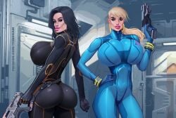 2girls ass big_ass big_breasts big_butt bimbo bimbo_lips bioware black_hair black_hair_female blonde_female blonde_hair blonde_hair_female breasts bubble_butt electronic_arts eyelashes eyeshadow gun hoop_earrings hourglass_figure huge_breasts light-skinned_female long_hair looking_at_viewer mass_effect mass_effect_2 mass_effect_3 metroid miranda_lawson nintendo pale-skinned_female samus_aran sci-fi science_fiction scifi skin_tight skin_tight_suit temogam thick_lips thick_thighs tight_clothing toned toned_female zero_suit_samus