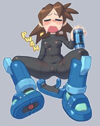 1girls armor bodysuit breasts brown_hair cameltoe capcom darkbot drink female genderswap_(mtf) mega_man mega_man_legends mega_man_volnutt reaverbot rule_63 sweat torn_clothes