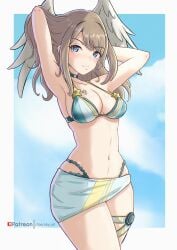 1girls absurd_res armpits arms_up bare_shoulders bikini blue_bikini blue_eyes blue_swimsuit blush breast_tattoo breasts brown_hair busty chascoby choker cleavage curvy eunie_(xenoblade) female female_only hand_in_hair hands_in_hair highres hourglass_figure large_breasts long_hair looking_at_viewer midriff monolith_soft navel nintendo sideboob slim_waist swimsuit tattoo thick_thighs thighs towel wide_hips wings xenoblade_(series) xenoblade_chronicles_3