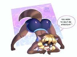 1girls anthro ass ass_in_air ass_up big_ass big_breasts big_butt blonde_hair blue_eyes blush blushing_at_viewer booty_shorts breasts charlotte_(raccoon_sama) female female_focus female_only flirting flirting_with_viewer furry furry_only gym_clothes gym_shorts jack-o_pose meme original original_character raccoon_ears raccoon_girl raccoon_sama raccoon_tail short_blonde_hair short_hair shorts stretching tongue tongue_out