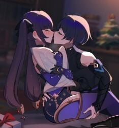 1boy 1girls assertive bangs christmas christmas_present christmas_tree closed_eyes female genshin_impact gift_box gloves hand_on_thigh hugging_pillow indigo_hair kissing long_hair male memeh mona_(genshin_impact) romantic scaramouche_(genshin_impact) straight tight_clothing twintails