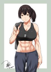 abs alternate_costume black_sports_bra blue_pants breasts brown_eyes brown_hair collarbone dog_tags female highres kaga_(kantai_collection) kantai_collection large_breasts long_hair midriff muscular muscular_female navel pants short_sidetail side_ponytail solo sports_bra standing yua_(checkmate)