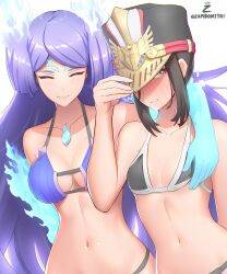 2girls absurd_res bare_midriff bare_shoulders bikini black_bikini black_hair black_swimsuit blue_bikini blue_gloves blue_hair blue_swimsuit breasts brighid_(xenoblade) core_crystal elbow_gloves embarrassed female female_only fiery_hair gloves highres large_breasts long_hair medium_hair midriff monolith_soft morag_ladair_(xenoblade) navel nintendo purple_hair small_breasts swimsuit very_long_hair xenoblade_(series) xenoblade_chronicles_2 yellow_eyes yuri zambonito