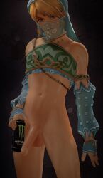 3d 3d_(artwork) armwear balls blonde_hair blue_armwear blue_clothing blue_eyes blue_headwear bottomless clothed clothing crop_top digital_media_(artwork) ear_piercing ear_ring erection femboy fugtrup genitals gerudo_link green_crop_top hair headgear headwear humanoid humanoid_genitalia humanoid_penis humanoid_pointy_ears hylian hyrule_warriors jewelry link link_(hyrule_warriors) male male_focus male_only monster_energy navel necklace nintendo not_furry penis piercing ring ring_piercing shirt smug solo standing the_legend_of_zelda topwear