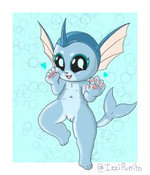 anthro black_sclera blue_body bubble daww eeveelution female fin generation_1_pokemon genitals heart hi_res horn humanoid izzipurrito looking_at_viewer navel nintendo pawpads paws pokemon pokemon_(species) pupils pussy raised_leg simple_background solo tagme tail vaporeon white_pupils young