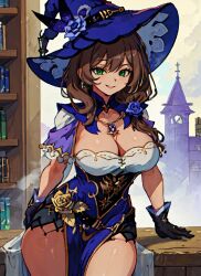 1girls ai_generated big_breasts brown_hair cleavage dress genshin_impact gloves green_eyes hi_res large_breasts library lisa_(genshin_impact) mabi_ai pelvic_curtain witch witch_hat