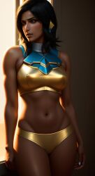 ai_generated brown_eyes brown_hair brown_skin dezgo_ai gold_bra midriff overwatch pharah stable_diffusion