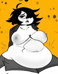 1girls areolae belly_button belly_overhang big_areola big_belly big_breasts black_and_white black_hair blush breasts breasts chubby chubby_female embarrassed fat female goth hair_over_one_eye nipples obese obese_female oc shellzzz short_hair shorts shortstack solo thick thick_legs weight_gain wide_hips