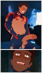 abs balls big_penis blush cuckoo_chan dark_skin erection flowerfang huge_cock male_only marvel miguel_o'hara miles_morales pecs ripped_clothing shredded_clothes smile spider-man:_across_the_spider-verse spider-man_(series) spider-man_2099 tan_body torn_clothes v-line veiny_penis