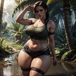 1girls ai_generated big_ass big_breasts big_thighs brown_hair brunette busty chubby_thighs hourglass_figure jungle lara_croft lara_croft_(ai_generated) large_thighs mud outdoors short_shorts stable_diffusion sweat thick_thighs tomb_raider vilacrym