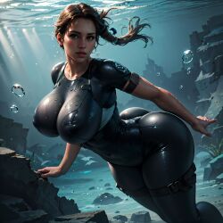 1girls ai_generated big_ass big_breasts bodysuit brown_hair brunette bubble_ass busty crystal_dynamics dat_ass hourglass_figure huge_breasts in_water jungle lara_croft pawg round_ass solo solo_female stable_diffusion sweat swimming thick thick_ass thick_thighs tomb_raider underwater vilacrym water wetsuit