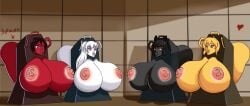 4girls bimbo blake_belladonna female massive_ass massive_breasts multiple_girls nipples onahole relief_station ruby_rose rwby sex_toy weiss_schnee yang_xiao_long