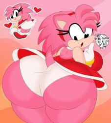 1girls 2023 3barts aged_up amy_rose anthro ass_focus big_breasts big_butt bubble_butt classic_amy_rose dialogue exposed exposed_ass eyelashes female female_only gloves hedgehog looking_at_viewer looking_back panties_exposed pink_body red_dress sega solo sonic_(series) sonic_superstars tail_wagging text text_bubble thick_thighs underwear wide_hips