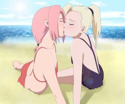 2girls alternate_hairstyle ass bare_legs bare_shoulders barefoot beach big_ass bikini blonde_hair blush breasts cleavage closed_eyes female female/female female_only friends haruno_sakura ino_yamanaka kissing lying lying_on_side naruto naruto_(classic) naruto_(series) one-piece_swimsuit optimystic petite pink_hair ponytail sakura_haruno seaside sideboob small_breasts swimsuit tied_hair twintails yamanaka_ino yuri