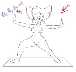 2018 anthro breasts disney domestic_cat ear_piercing english_text felid feline felis female genitals goof_troop hair half-closed_eyes hi_res looking_at_viewer mammal narrowed_eyes nipples peg_pete piercing pubes pussy signature solo text wastedtimeee white_background yoga yoga_mat