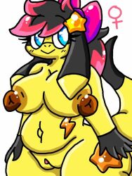 5_fingers anthro belly big_breasts black_hair blue_eyes breasts brown_nipples female fingers generation_6_pokemon genitals hair helioptile lewdchuu_(artist) long_ears navel nintendo nipples pokemon pokemon_(species) pussy simple_background smile solo star tail white_background yellow_body