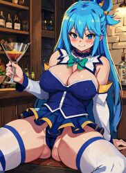 1girls ai_generated alcohol aqua_(konosuba) big_breasts blue_eyes blue_hair blush cleavage drunk elbow_gloves female female_only hi_res kono_subarashii_sekai_ni_shukufuku_wo! large_ass large_breasts mabi_ai miniskirt panties pantsu skirt solo spread_legs thick_thighs thighhighs upskirt wide_hips