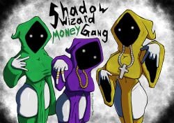 3girls big_ass big_breasts chains faceless_character faceless_female facing_viewer female female_only glowing_eyes green_clothing hands-free hooded_robe justoceantea looking_at_viewer meme multiple_girls purple_clothing round_ass shadow_wizard_money_gang simple_background slim_waist thick thick_thighs thighhighs white_skin wizard yellow_clothing